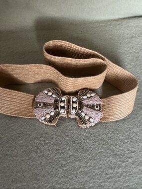 Chico's Pink Blush Elastic Belt with Beaded Bow Clasp